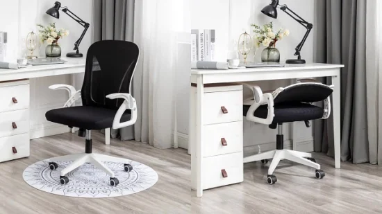 Hochwertiger Drehstuhl aus schwarzem Stoff und Netzgewebe für Büroräume